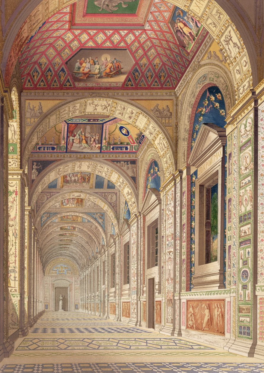 1814年にルーズリーフとして公開されたDelle Loggie di Rafaele nel Vaticanoのラファエルの装飾が施されたバチカンの2階のロッジアの眺め（手書きの彫刻） 作： イタリア語学校