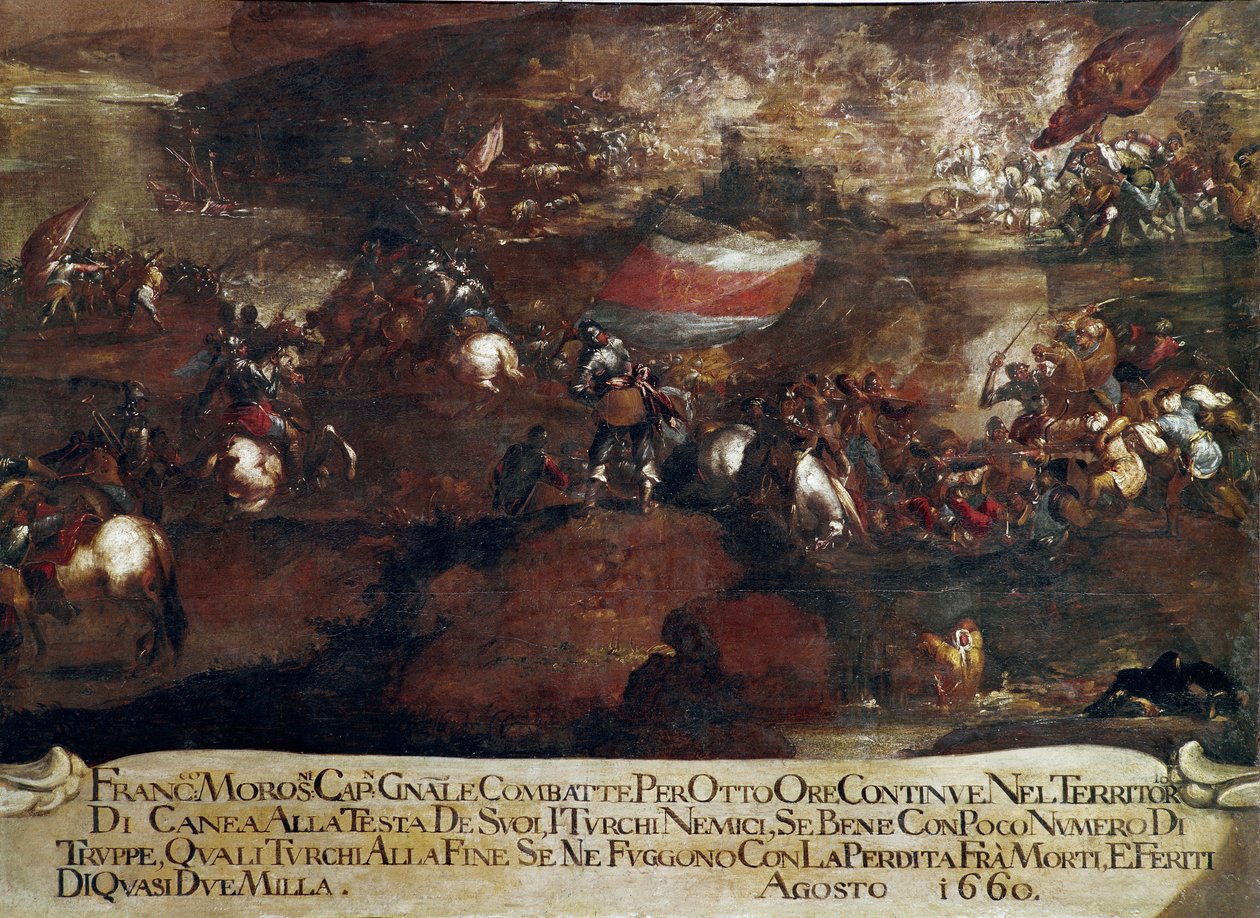 カンディア（クレタ島）の戦争：。"Battle of Chania led by Francesco Morosini (1619-1694) in August 1660" (クレタ島戦争(1645-69): the assault of Canea led by Francesco Morosini in august 1660)ヴェネツィア派の絵画 作： イタリア語学校