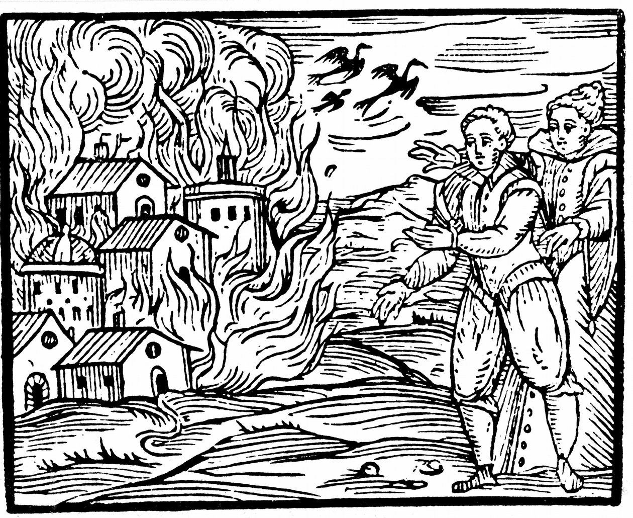 魔女が家を火事で破壊した、1533年のシュヴァーベン、フランチェスコマリアグアッツォ作の大将マレフィカルムの挿絵、1608 作： イタリア語学校