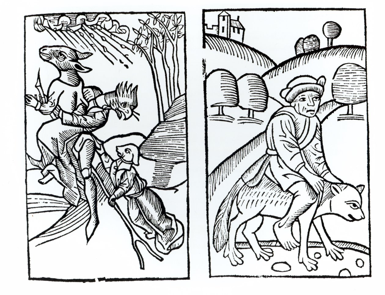 魔女がほうきの柄に乗った動物（左）とオオカミに乗った男性（右）に