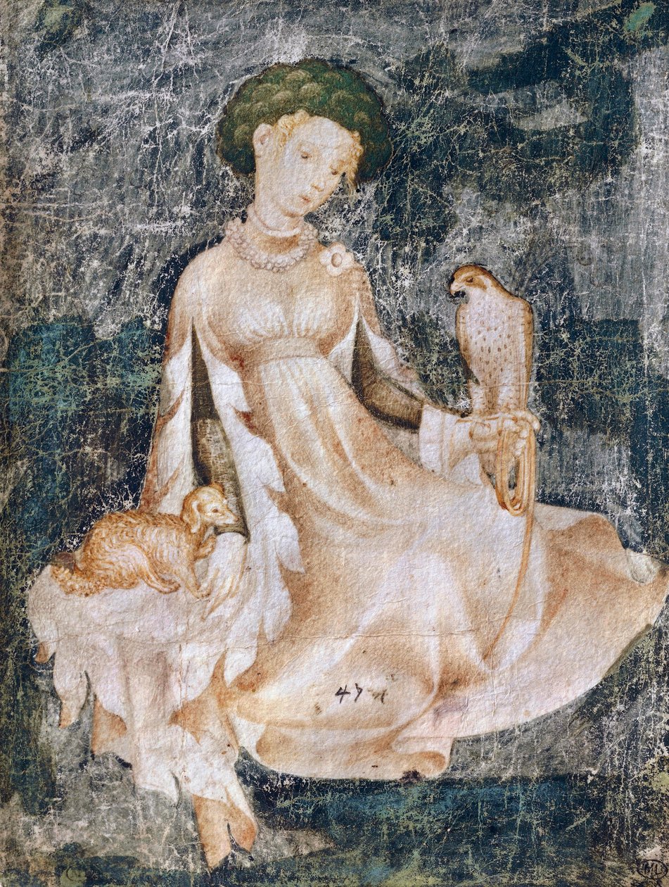 女, モデル, 上に, 地面, ∥で∥, 犬, そして, ハヤブサ, 水彩画, 図画, フランス 作： イタリア語学校