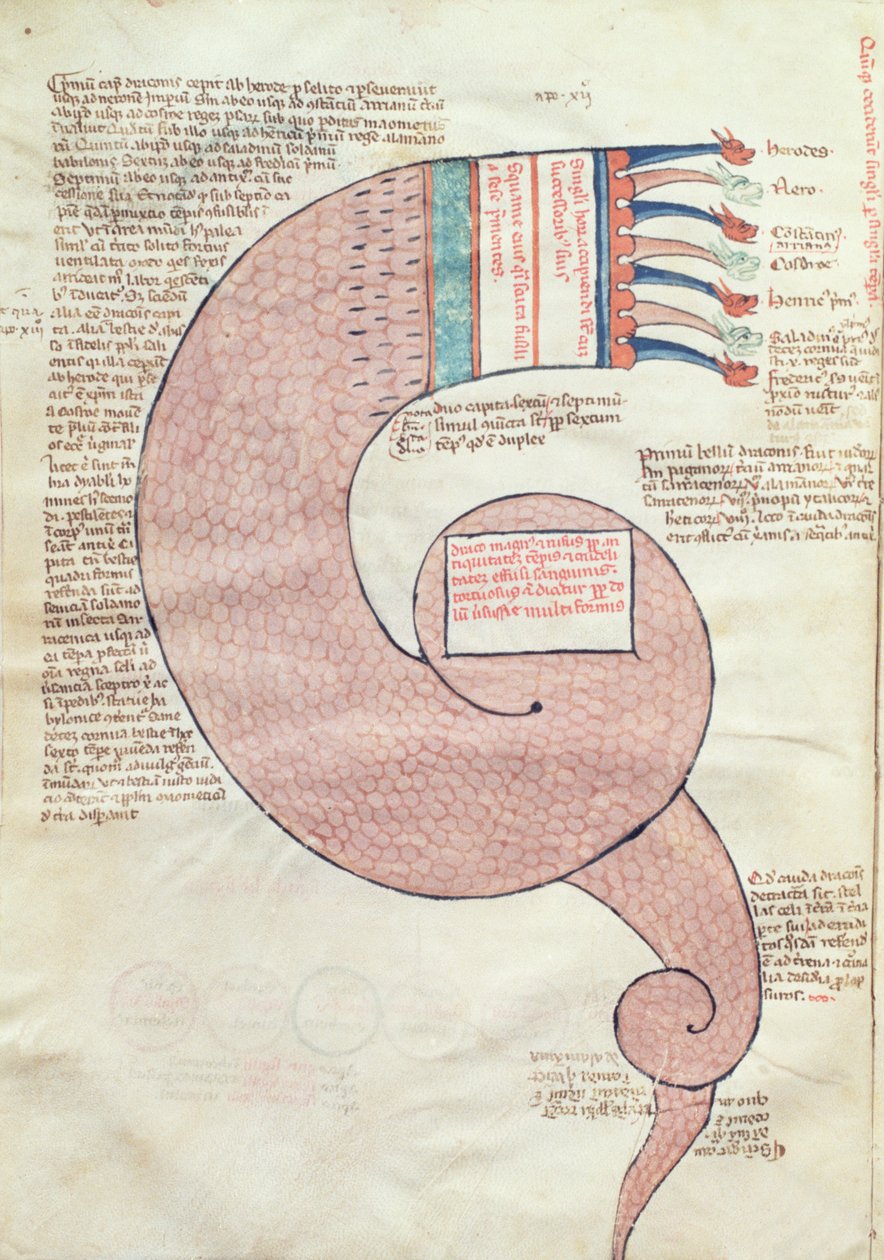ms.ASPi、CM 15、c.3vヨアヒムオブフローラ（c.1132-1202）によるLiber Figurarum e le Proemisssiones Gioachimiticheによる、終末論的なドラゴンのテキストのページ（c.1132-1202） 作： イタリア語学校