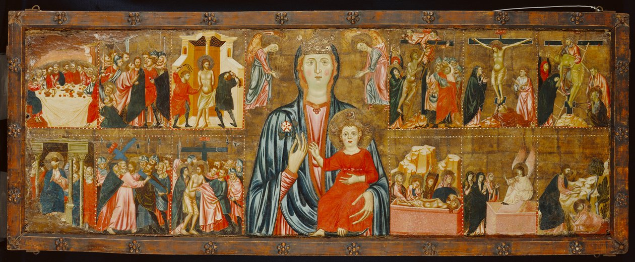 マドンナと子供、そして情熱の12シーンを持つ2人の天使、c.1310（パネル上のテンペラ） 作： イタリア語学校イタリア語学校