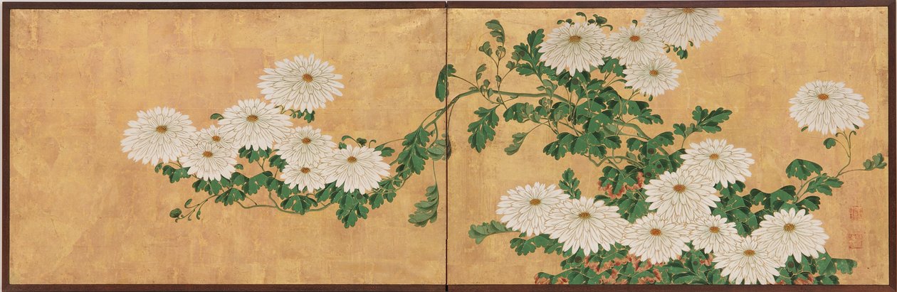 菊・江戸時代（紙に墨、色、金） 作： 伊藤若chu