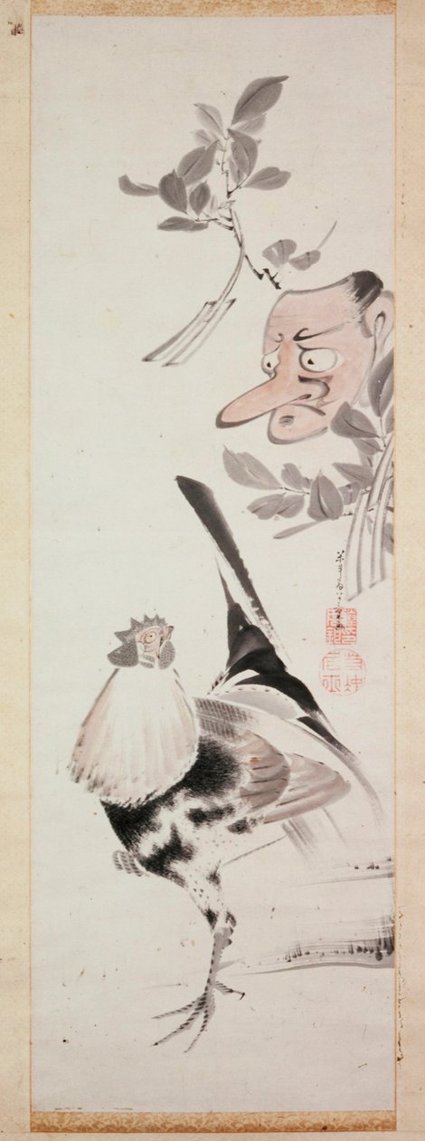 おんどりと天狗仮面、1775年頃（紙にインクと淡色） 作： 伊藤若chu