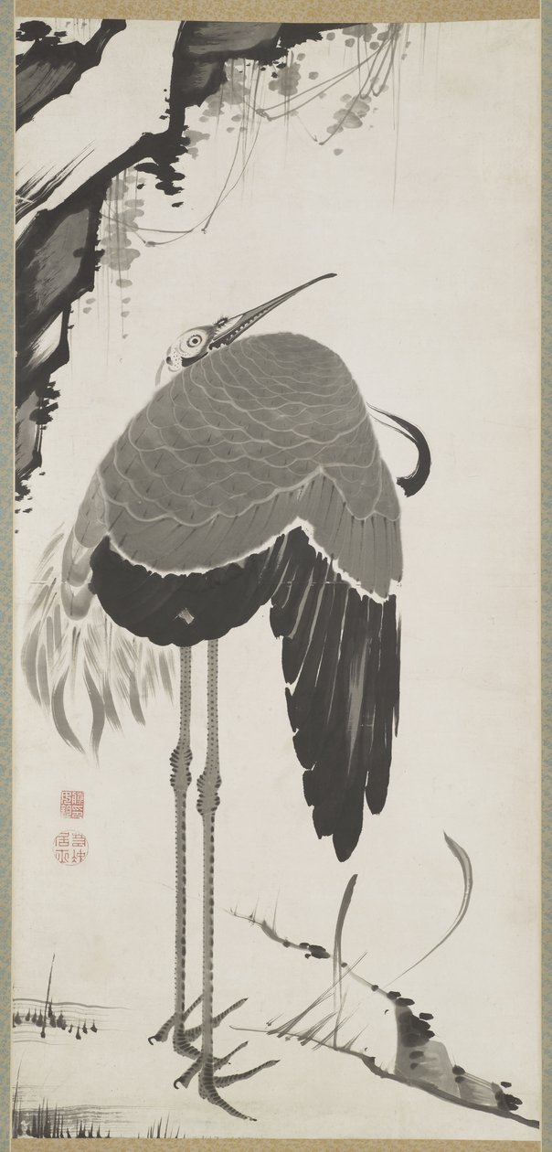 鶴、つる巻、江戸時代（紙にインク） 作： 伊藤若chu