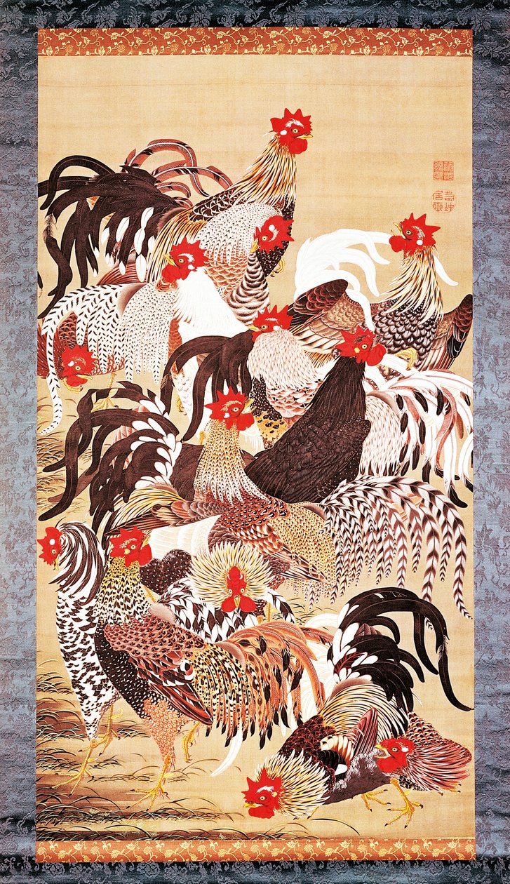 道色彩絵 十三羽のにわとり 江戸時代・宝暦7年(1757)頃-66年(1757-66) 絹本着色 作： 伊藤若chu