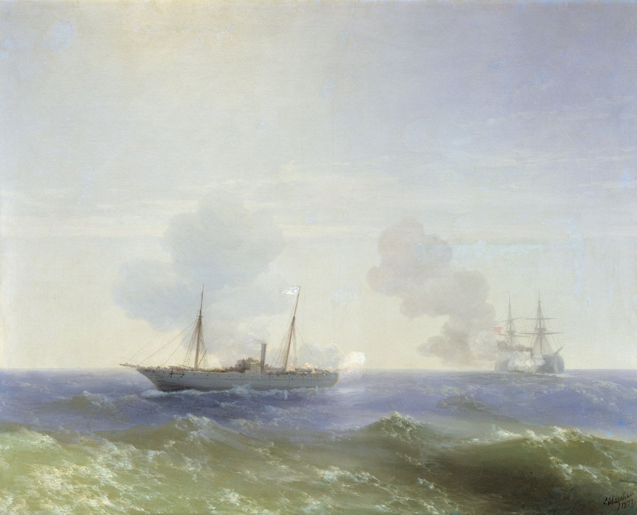 ロシア語：「1877年7月11日、黒海におけるヴェスタ号とトルコ戦艦フェティ＝ビュレンド号の戦い」 1877年7月11日、黒海におけるヴェスタ号とトルコ戦艦フェティ＝ビュレンド号の戦い 作： イワン・アイヴァゾフスキー