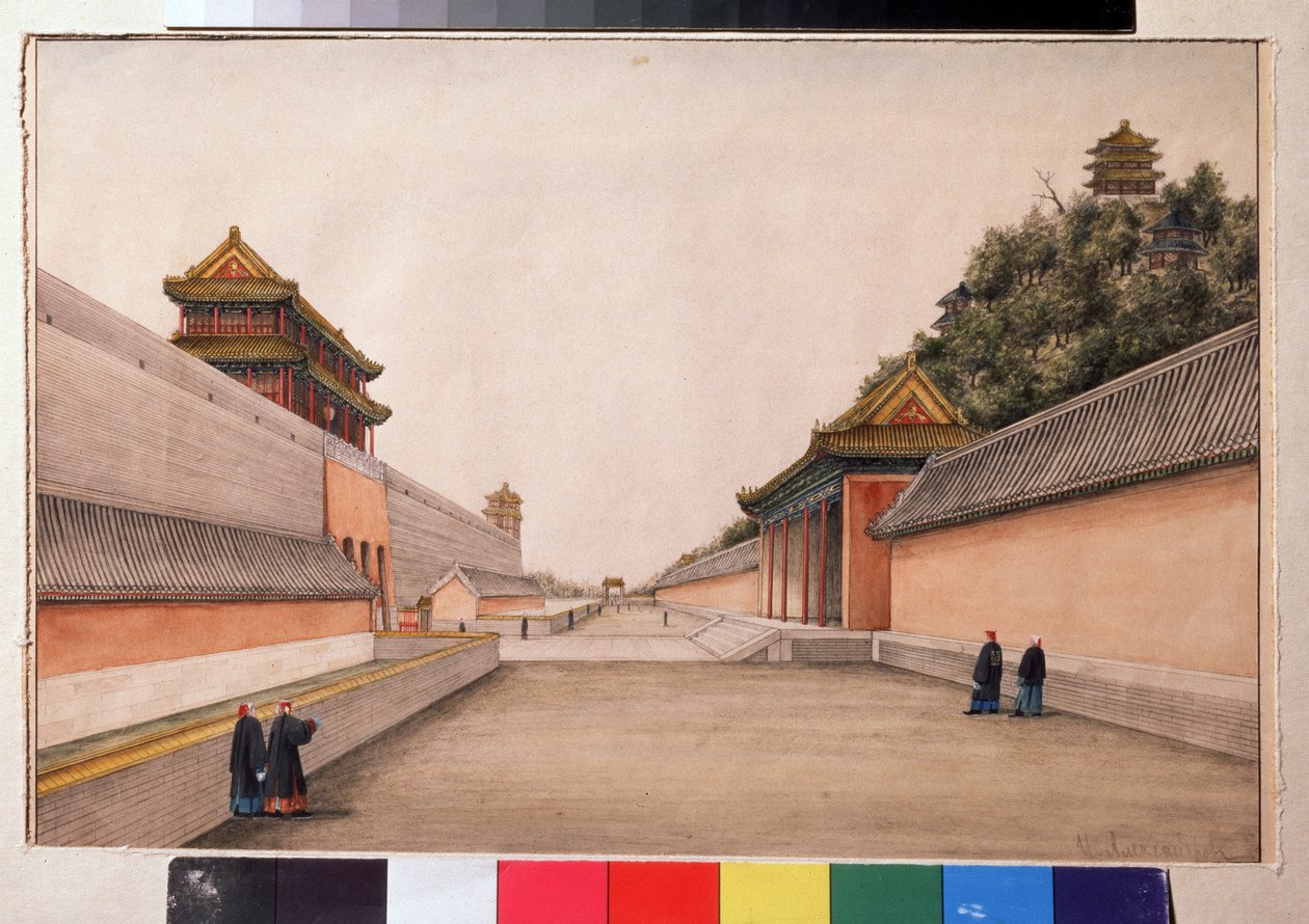 北京の冬の宮殿、中国のスケッチ シリーズ (中国のスケッチ、北京の冬の宮殿)。 Ivan Petrovich Alexandrov (1780-1818) による絵画。 紙に水彩、21.5 x 28.3 cm 作： イワン・アレクサンドロフ