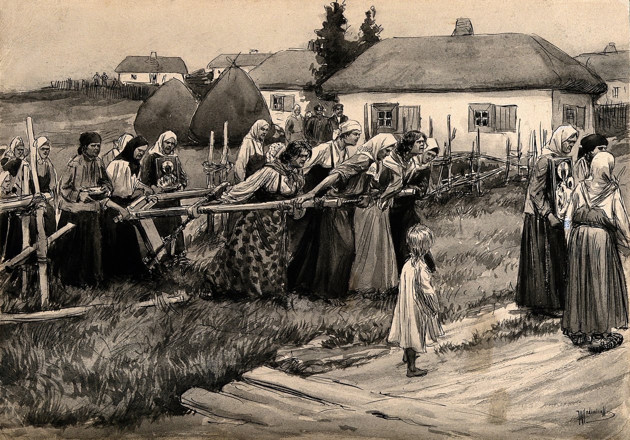 一連の水彩画ロシア革命によるロシア農村部の宗教的コレラ行列、 作： イワン・アレクセーヴィチ・ウラジミロフ