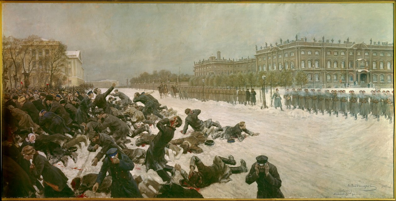1905年のロシア革命の始まり：「」1月22日の宮殿広場での銃撃 作： イワン・アレクセーヴィチ・ウラジミロフ