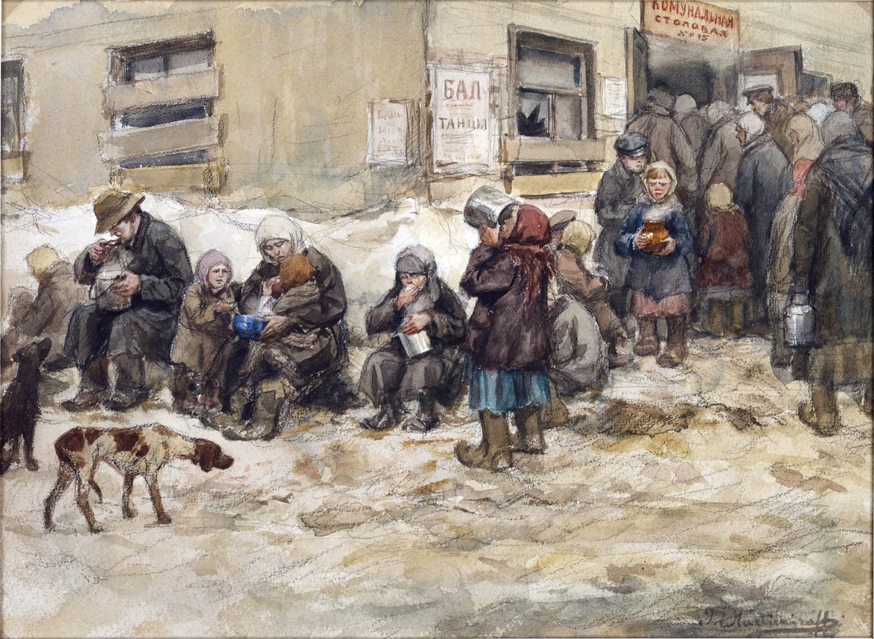 ペトログラードでの空腹の年。 ウラジミロフ、イワン・アレクセイヴィッチ（1869-1947）による「共同食堂」。 紙に水彩、ガッシュ。 プライベートコレクション 作： イワン・アレクセーヴィチ・ウラジミロフ