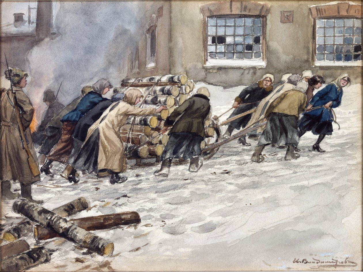 Vladimirov、Ivan Alexeyevich (1869-1947) による薪の要求。 水彩, ガッシュ ・ 紙 作： イワン・アレクセーヴィチ・ウラジミロフ