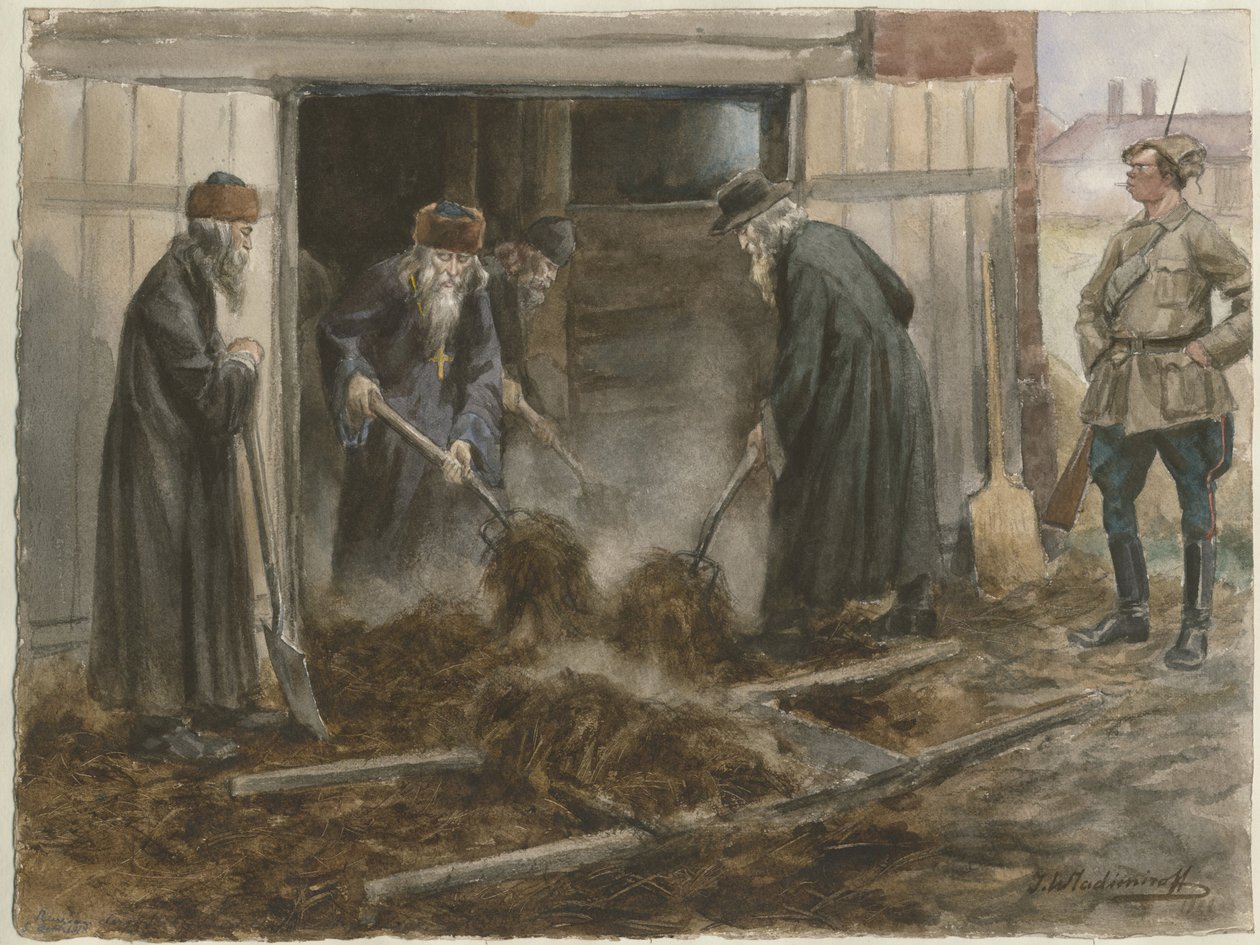 干し草を刈り取るロシアの聖職者：1918年9月一連の水彩画ロシア革命19 作： イワン・アレクセーヴィチ・ウラジミロフ