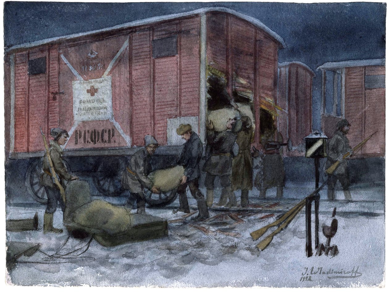 Soldatspyrant un wagon de chemin de fer - 鉄道ワゴンを略奪する兵士 (ロシア革命の一連の水彩画から) - ウラジミロフ、イワン アレクセイエビッチ (1869-1947) - 1922 - 紙に水彩 - 25,8x34,1 - 個人蔵 作： イワン・アレクセーヴィチ・ウラジミロフ