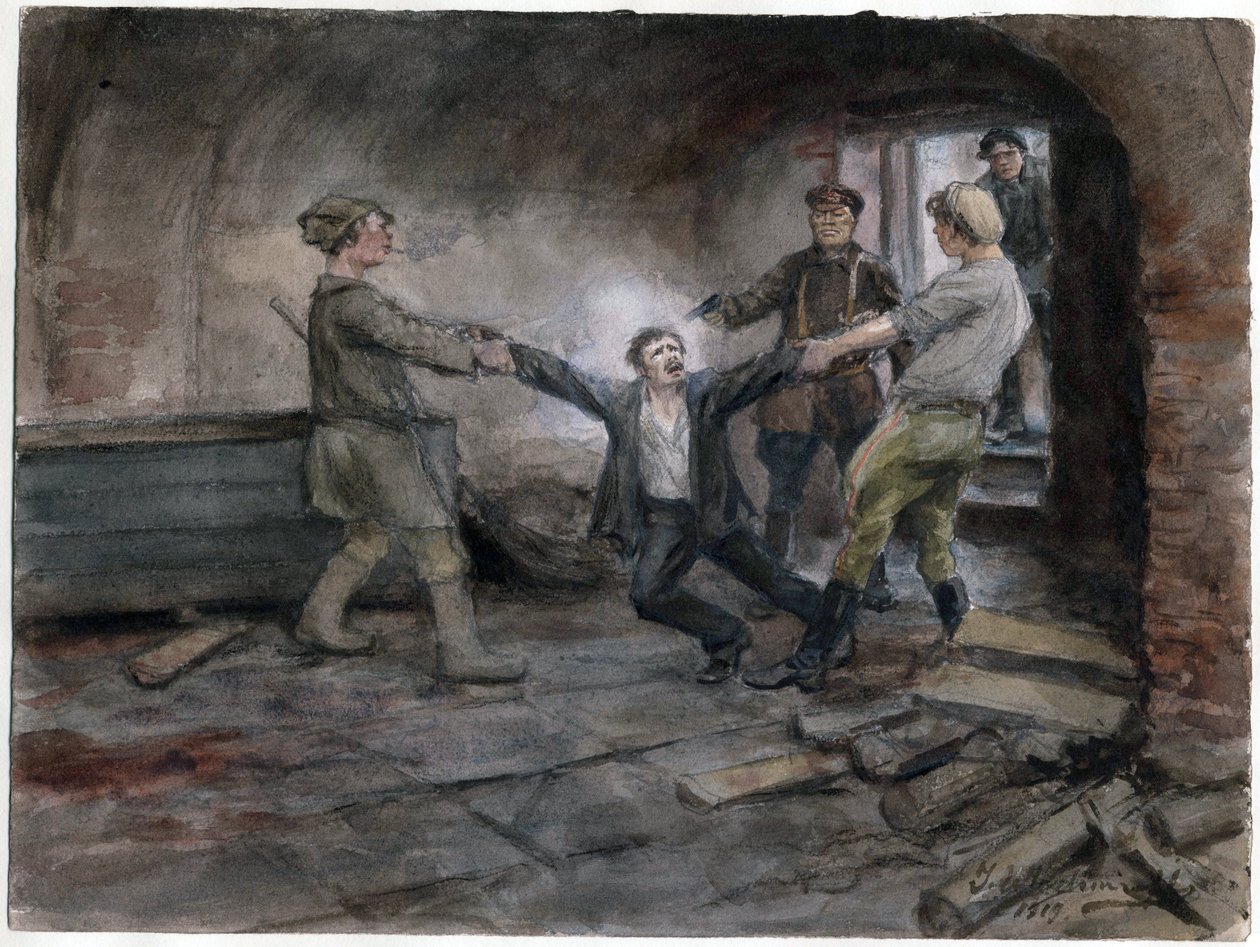 Un detenu emmene pour etre execute - 拘束され処刑される男 (ロシア革命の一連の水彩画から) - ウラジミロフ、イワン アレクセイエビッチ (1869-1947) - 1919 - 紙に水彩 - 25,7x34,5 - 個人蔵 作： イワン・アレクセーヴィチ・ウラジミロフ
