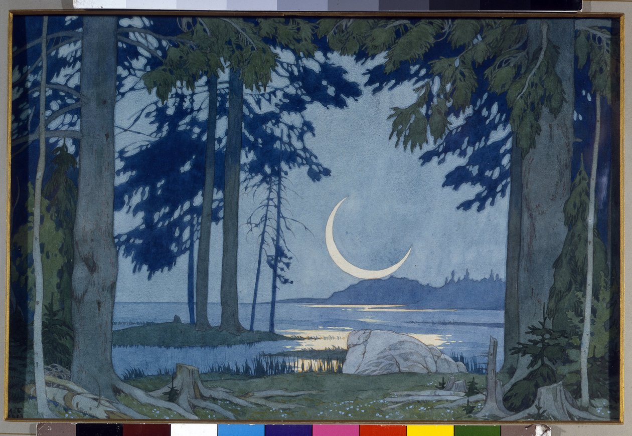 イルメン湖の月明かり。 Nicholas (Nikolai) Rimsky Korsakov (Rimsky-Korsakov) (1844-1908) (Ilmen 湖の夜) によるオペラ Sadko のセット。N. Rimsky-Korsakov (Rimsky Korsakov) によるオペラ Sadko の舞台デザイン。ビリビ 作： イワン・ヤコブレヴィチ・ビリビン