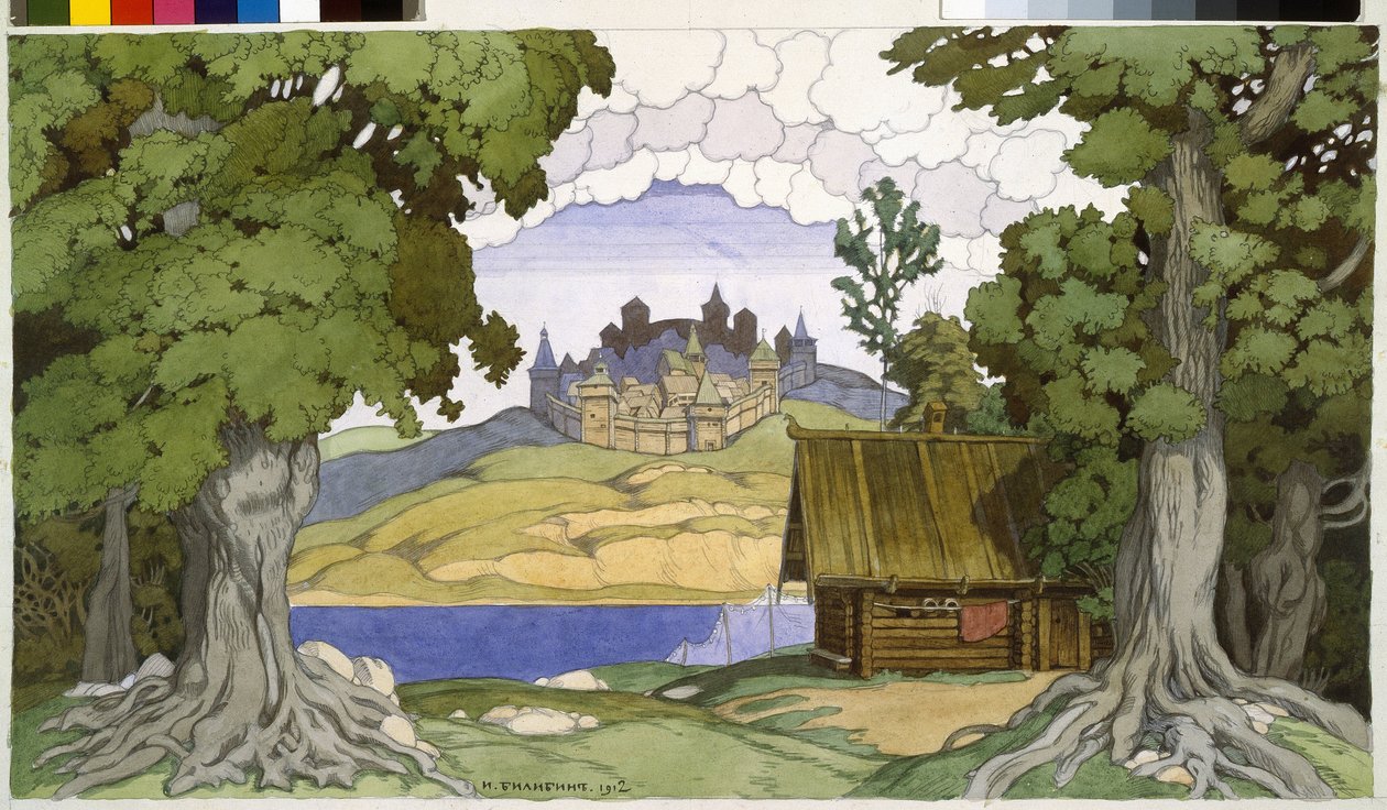 Alexei Vertovski (1799-1862) によるオペラ「アスコルドの墓」の装飾。 Ivan Yakovlevich Bilibin (Bilibin) (1876-1942) の作品、紙に水彩 作： イワン・ヤコブレヴィチ・ビリビン