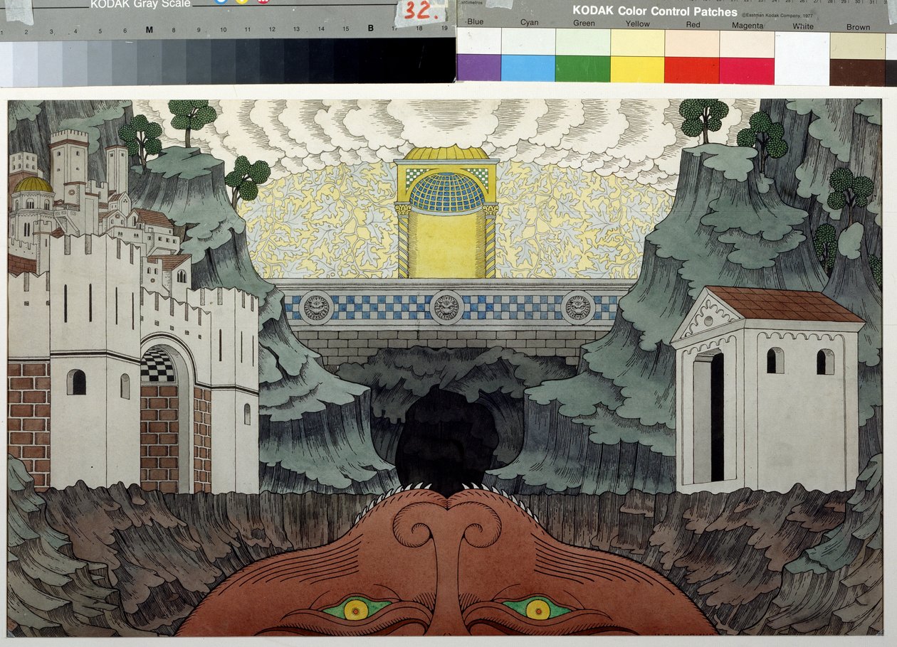 ルテブフ（1230-1285）による戯曲「テオフィルの奇跡」の下絵（ルテブフの戯曲「テオフィルの奇跡」の舞台美術）。 Ivan Yakolevich Bilibin (ビリビン) (1876-1942) による絵画。 紙に水彩、インク、39.5 x 64 cm 作： イワン・ヤコブレヴィチ・ビリビン
