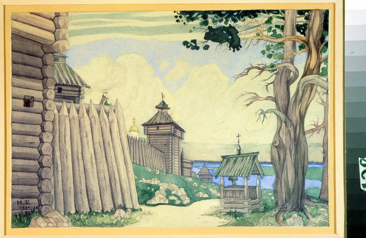 アレクサンドル・ボロディン (1833-1887) によるオペラ「イーゴリ公」の下絵 (A. ボロディンによるオペラ「イゴール王子」の舞台デザイン)。 Ivan Yakolevich Bilibin (ビリビン) (1876-1942) による描画。 紙に水彩、24 x 37 cm 作： イワン・ヤコブレヴィチ・ビリビン