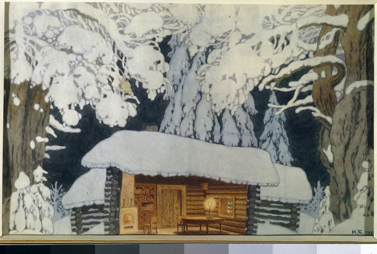 雪に覆われた森の木造住宅。 劇中のデコ「スヴォーロフ司令官」。 Ivan Yakovlevich Bilibin (Bilibin) (1876-1942) の作品、紙に水彩、グワッシュ 作： イワン・ヤコブレヴィチ・ビリビン