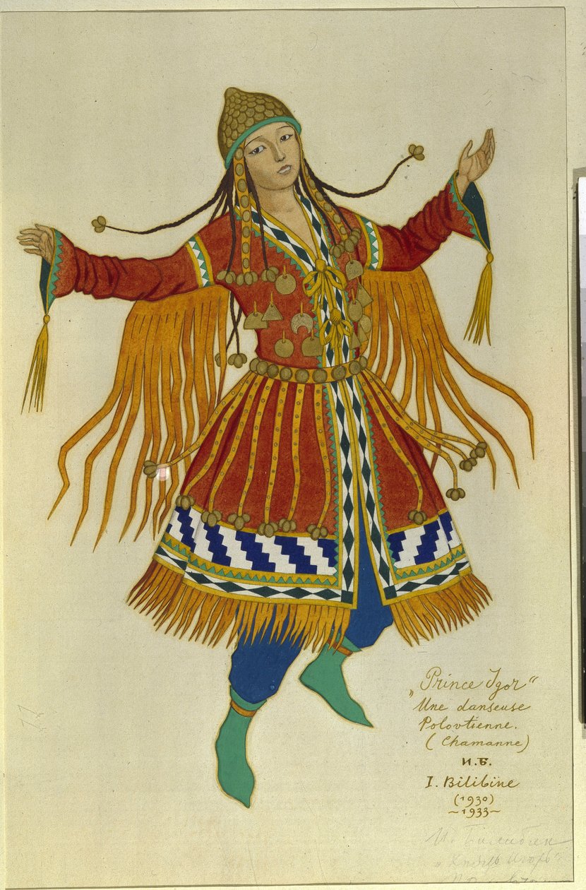 Polovtsian (または Couman、Kuman) のシャーマン ダンサー。 アレクサンドル・ボロディン (ボロディン) (1833-1887) によるオペラ「イゴール王子」の衣装。 Ivan Yakovlevich Bilibin (Bilibin) (1876-1942) の作品、紙に水彩 作： イワン・ヤコブレヴィチ・ビリビン