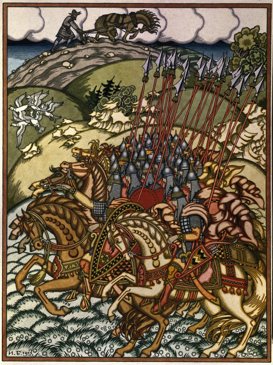 Volga Sviatoslavich (Vseslav de Polotsk (vers 1039-1101)、Grand Prince de Kiev de 1068 a 1069) et Mikula Selyaninovich (?)。 Oeuvre de Ivan Yakovlevich Bilibin (Bilibine) (1876-1942)、リトグラフ 作： イワン・ヤコブレヴィチ・ビリビン