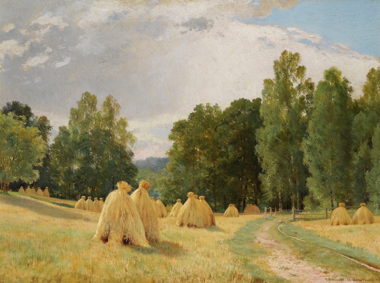 "Haystacks at Preobrazhenskoie, Russia" (Haystacks, Preobrazhenskoe) イワン・シーシキン（1832-1898）の絵画 - 1890 - キャンバスに油彩 Dim 70,5x93 cm プライベート・コレクション 作： イワン・イワノビッチ・シーシキン