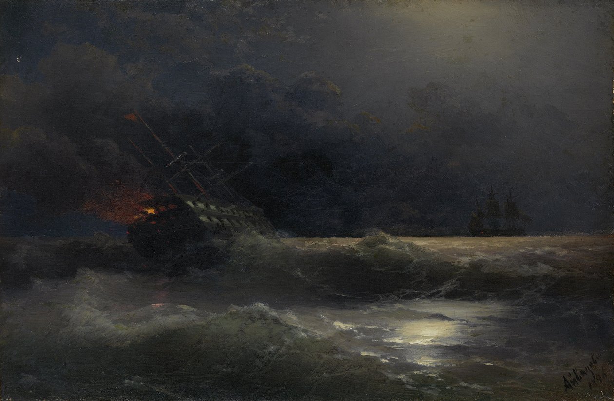 燃える船1896年のロシア・トルコ戦争のエピソード 作： イワン・コンスタンティノヴィッチ・アイバゾフスキー