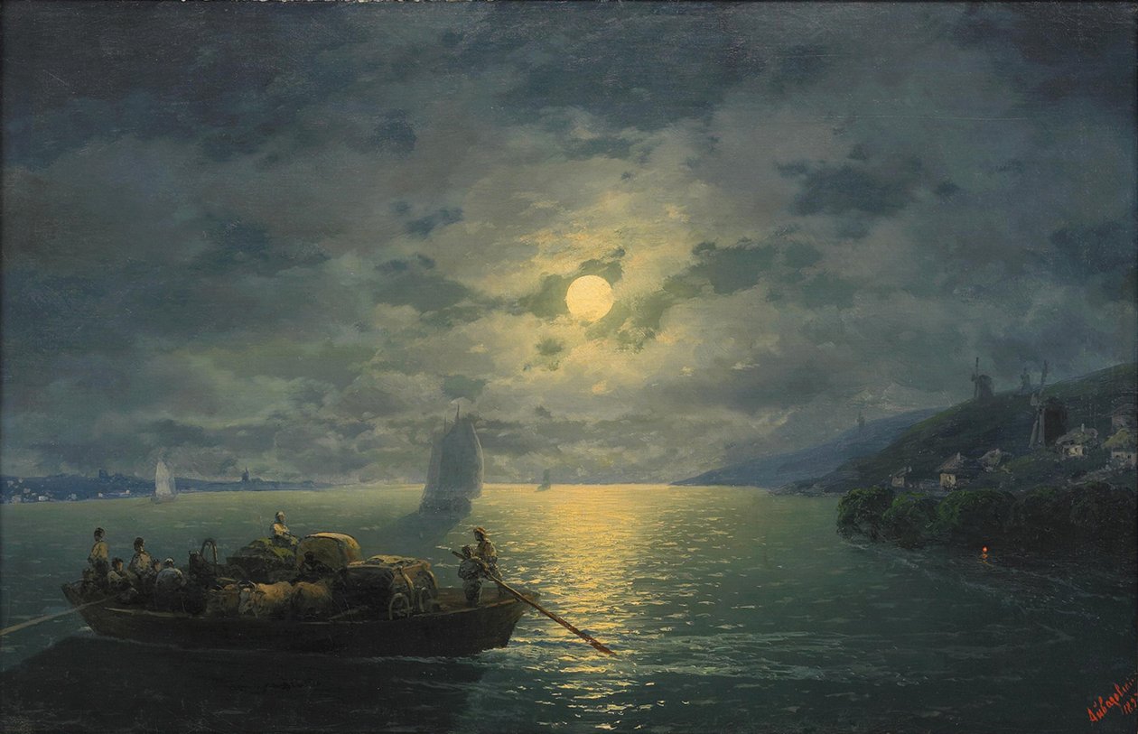 月明かりの夜、1897年にドニエプル川を渡る 作： イワン・コンスタンティノヴィッチ・アイバゾフスキー