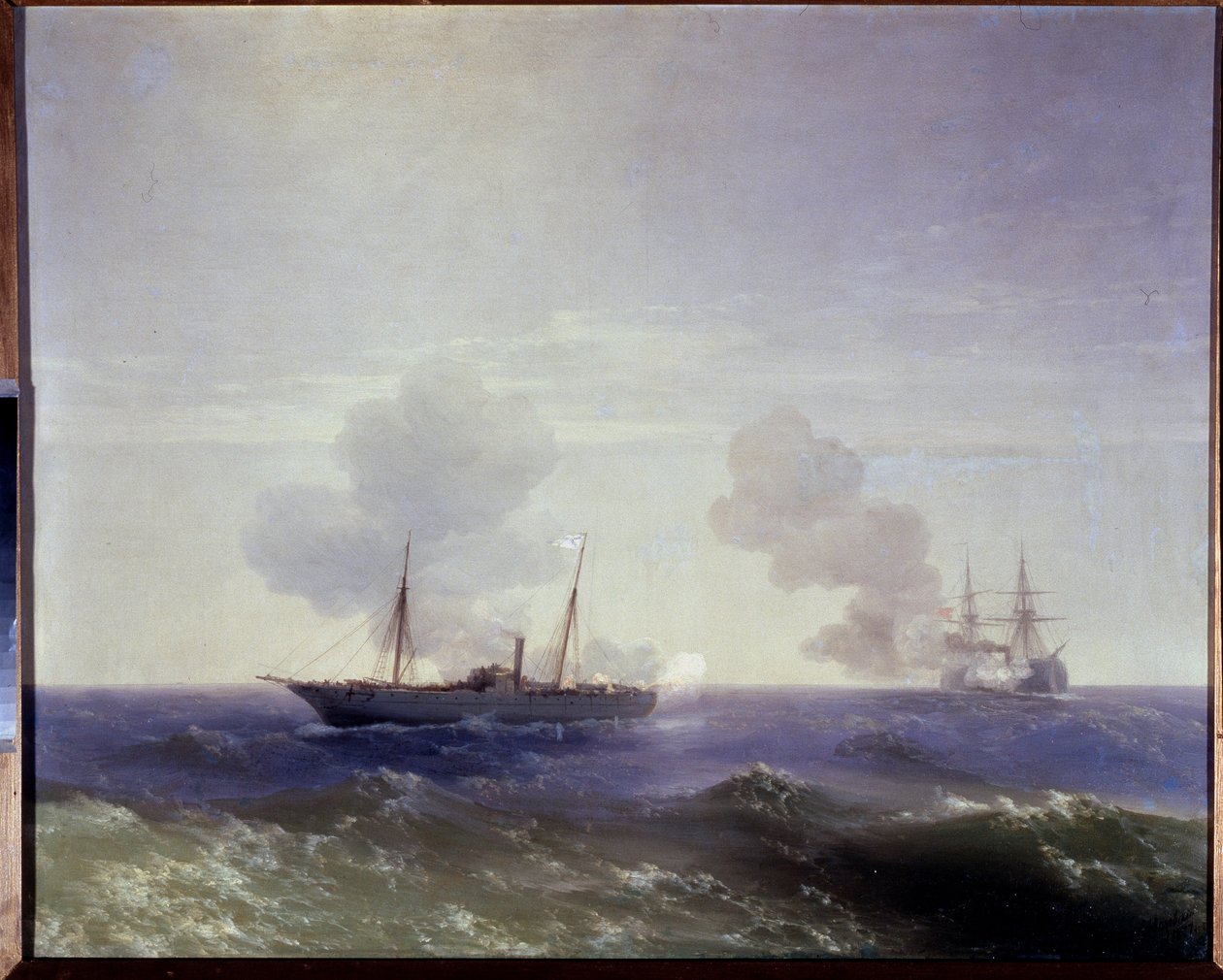 1877 年から 1878 年の露土戦争: 1877 年 7 月 11 日、黒海でのロシア巡洋艦ベスタと装甲艦フェティ ビュレンドの間の海戦 (ロシア巡洋艦ベスタと装甲艦フェティ ビュレンドの間の海戦)した 作： イワン・コンスタンティノヴィッチ・アイバゾフスキー