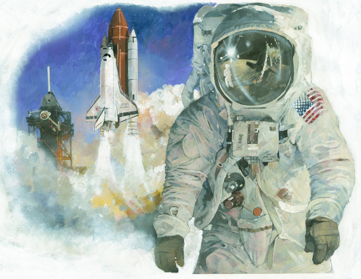 宇宙服に身を包んだバズ・オルドリン宇宙飛行士とケネディ宇宙センターから打ち上げられるスペースシャトル・ディスカバリー号 作： イヴァン・ラッパー