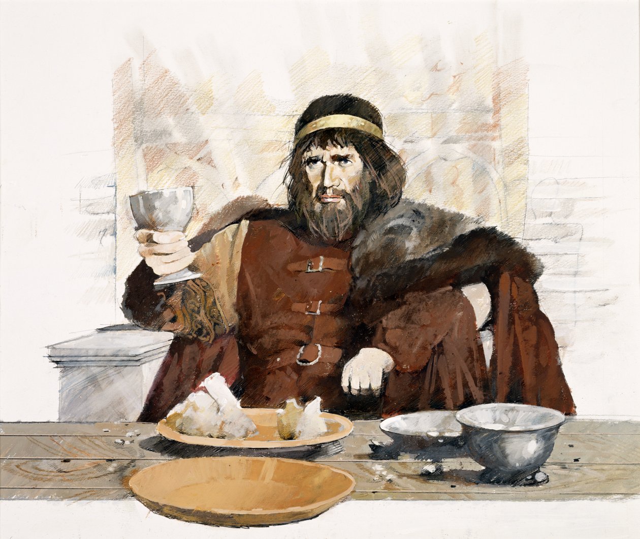 コーンウォール、ティンタジェル城の「暗黒時代のコーニッシュ・キング」（紙に水彩画） 作： イヴァン・ラッパー