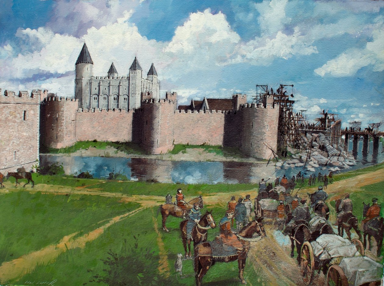 1300年、ヘンリー3世の崩壊した門を示す北西からのロンドン塔の復元図。 作： イヴァン・ラッパー