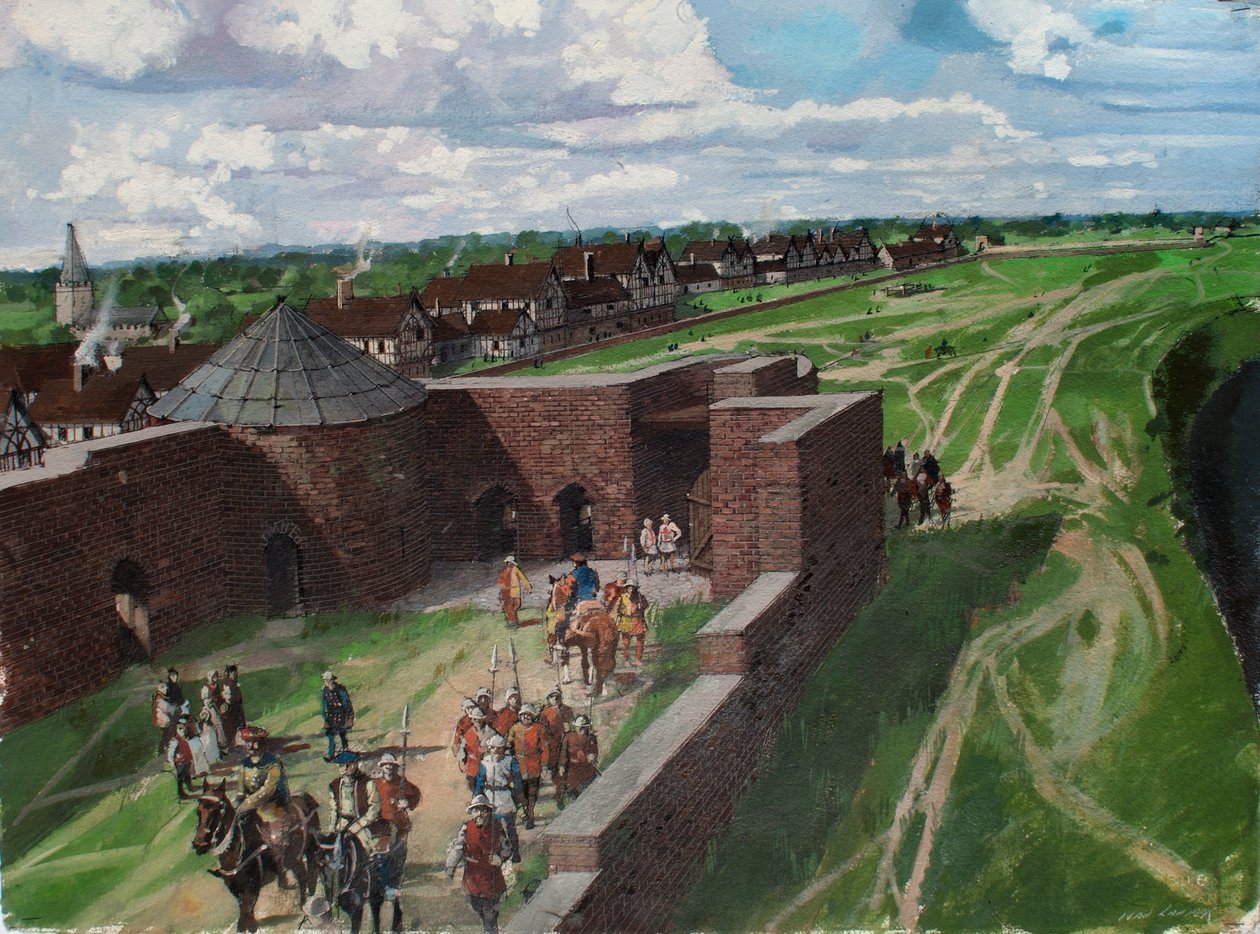 1540年代のバイワード・タワーの入り口とライオン・タワーを示すロンドン塔の復元図。 作： イヴァン・ラッパー