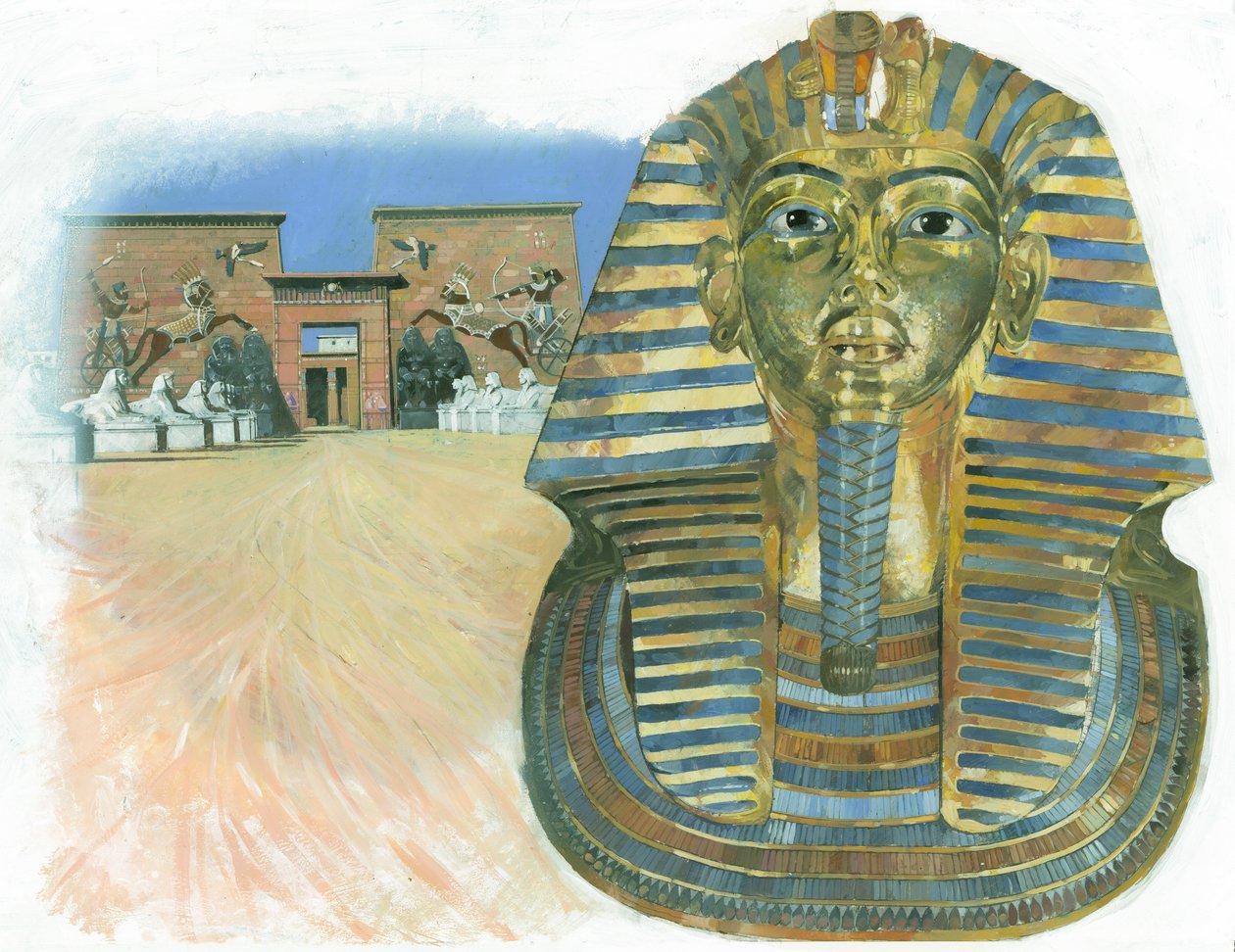 エジプトのファラオ、ツタンカーメンのミイラの黄金のマスクと古代エジプトの神殿群。 作： イヴァン・ラッパー