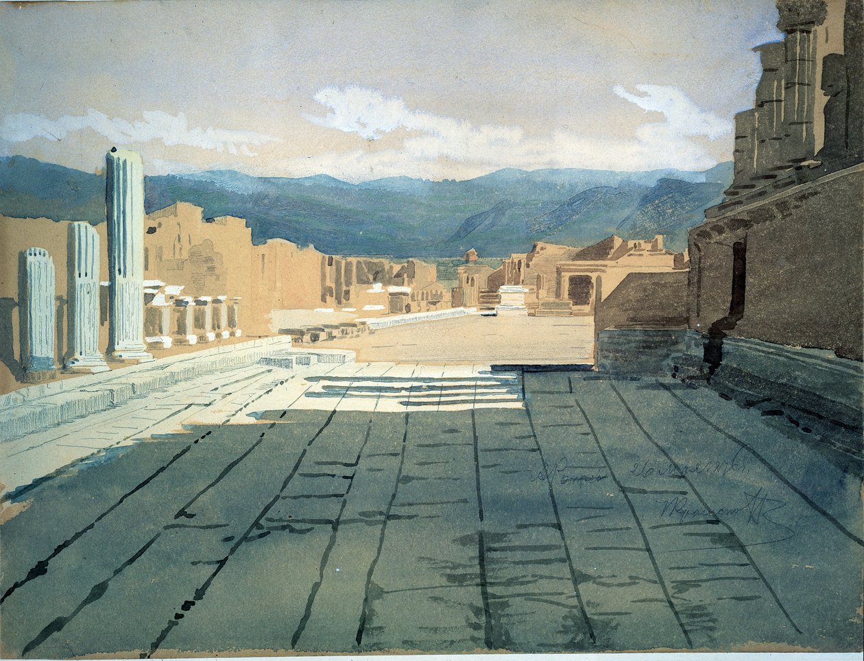 ポンペイ（イタリア）（Pompei）。ヴェスヴィオ山を前にしたナポリ湾のローマ遺跡のフォーラムの風景。イワン・ニコラエヴィチ・クラムスコイ（1837-1887）の作品、紙に水彩画 作： イワン・ニコラエヴィチ・クラムスコイ