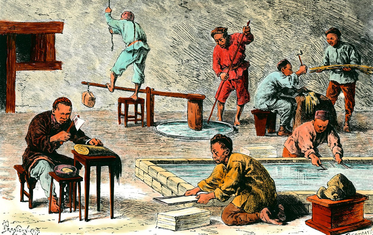 中国での製紙: 樹皮からの紙シートの生産のさまざまな段階. Ivan Pranishnikoff (1841-1909) によるデッサン。 19世紀 個人蔵 作： イワン・プラニシュニコフ