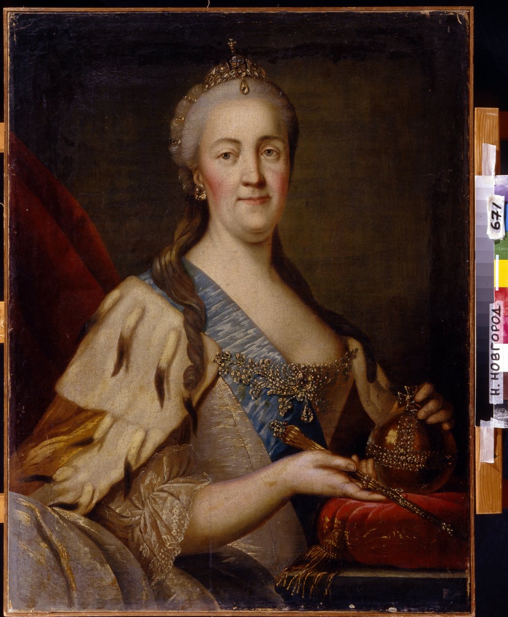 皇后キャサリン 2 世 (1729-1796) の肖像画。 Ivan Semyonovich Sablukov (1735-1777) による絵画、キャンバスに油彩、1770 年頃。18 世紀のロシアの芸術。 国立美術館、ニジニ ノヴゴロド (ロシア)。 作： Ivan Semyonovich Sablukov