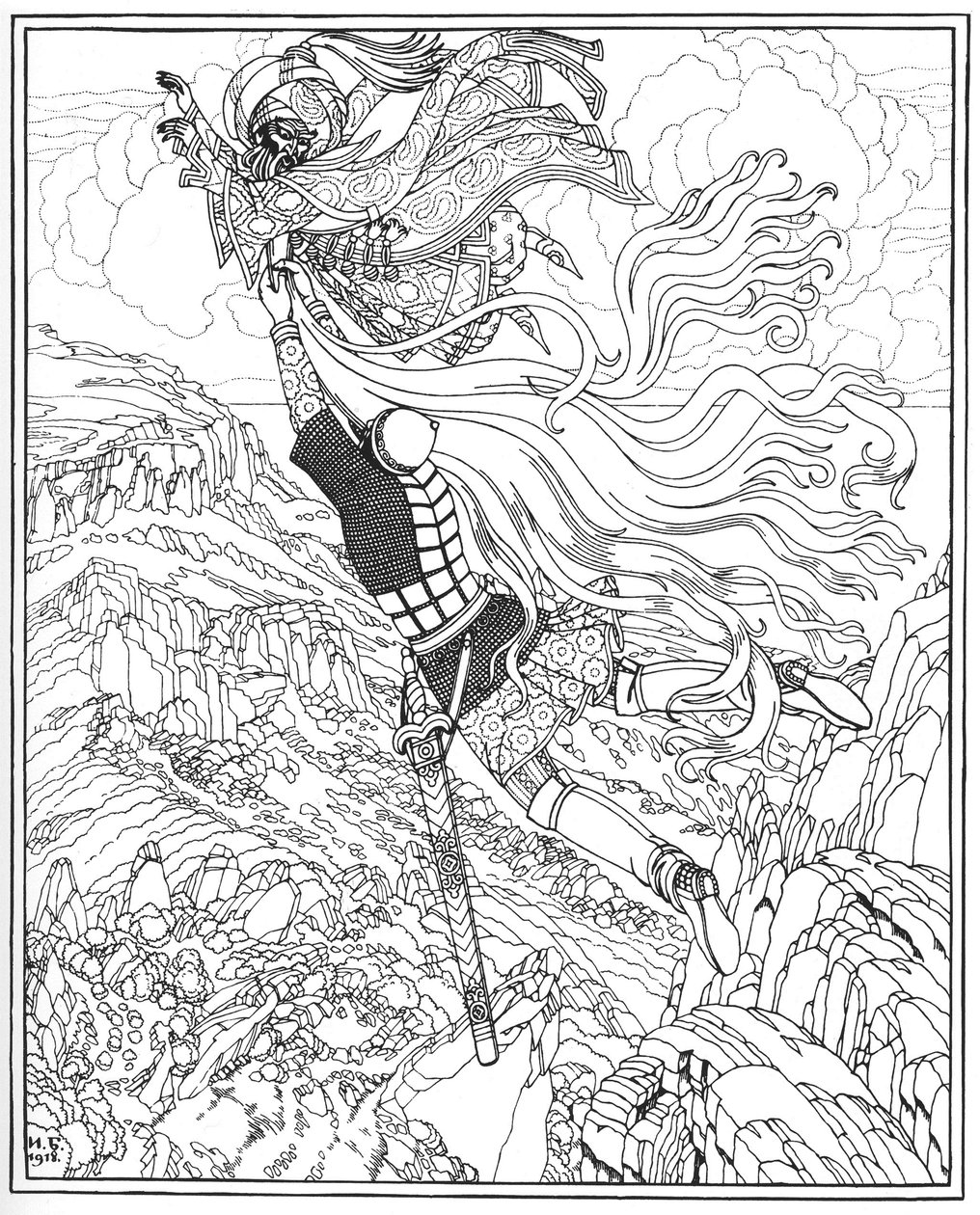 チェルノモールとラスランの飛行。プーシキンによる詩、ルスランとリュドミラへの挿絵、1918年 作： イワン・ヤコブレヴィチ・ビリビン