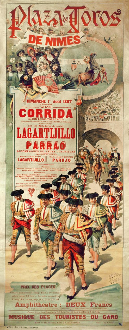 1897年8月1日、ニーム広場の闘牛場を宣伝するポスター。J。オルテガが刻印 作： J.および牧師、E。エステラー