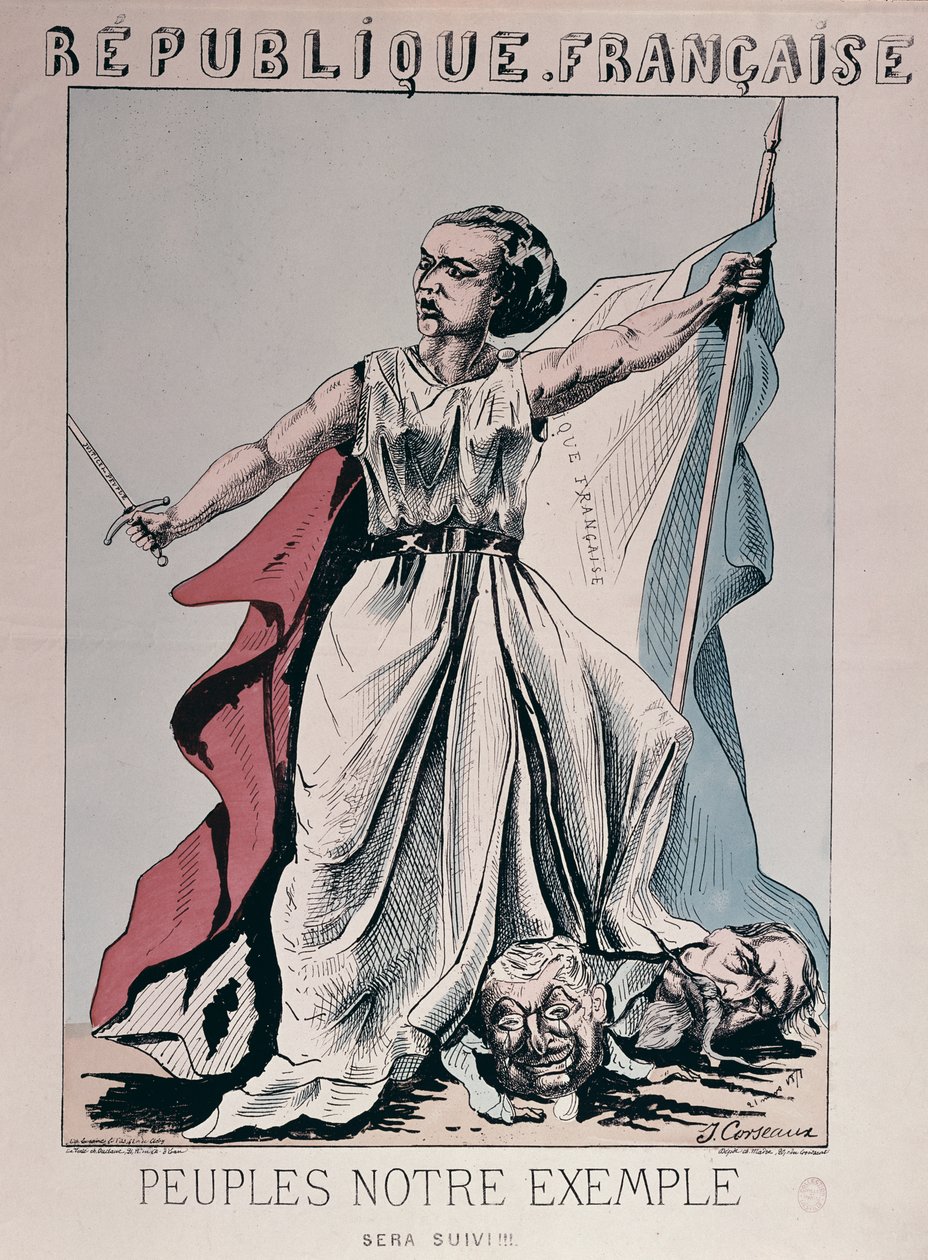 ルイアドルフティエール（1797-1877）とナポレオン3世（1808-73）（カラー彫刻）の頭に踏みつけたルイーズミシェル（1830-1905）としてのフランス共和国の擬人化 作： J.コルソー