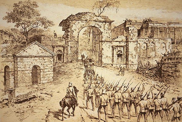 1858 年 9 月 25 日、ハブロックの救援部隊 (リソ) の先頭に立って、ラクナウのレジデンシーの防御に入るアウトラム将軍 作： JF（後）ウィードン