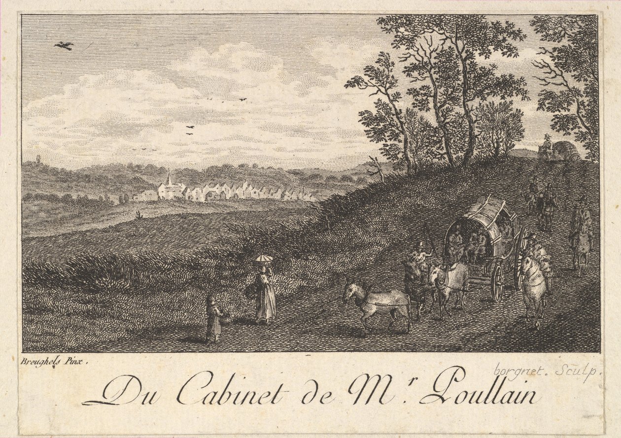 1780年、プーラン氏のキャビネットの絵の後のカートのある風景. 作： JFボルグネット
