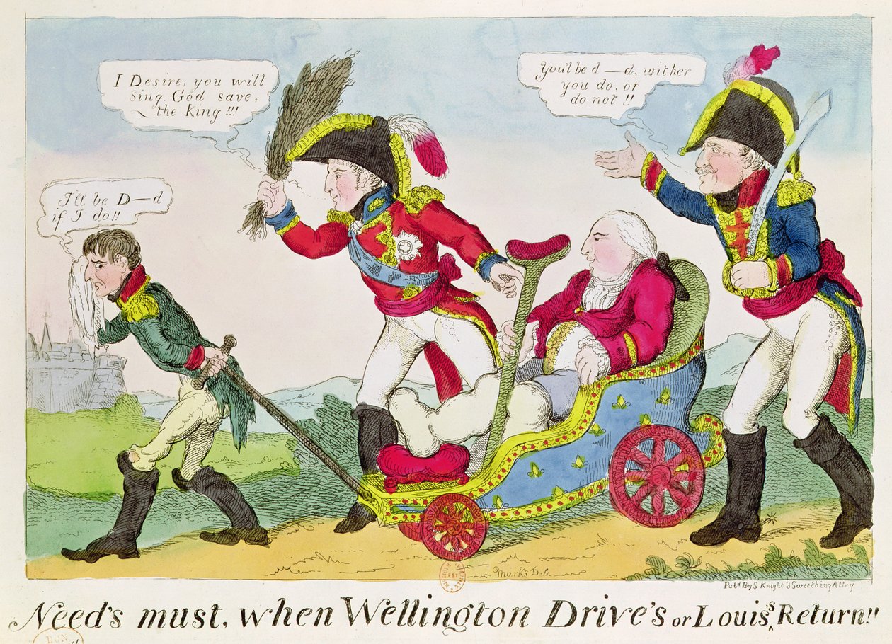 ウェリントン公爵（1769-1852）が運転し、ナポレオン皇帝（1769-182）が牽引した馬車にルイ18世（1755-1824）を描いた風刺画。 作： JLマーク