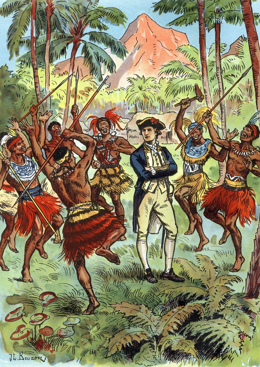 ジェームズ・クック（1728-1779）とハワイの人々 作： JL ブゾン (fl.1880 1940)