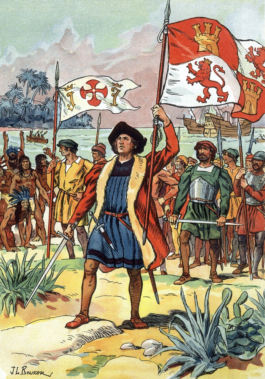 1492年：クリストファー・コロンブス、スペイン国旗を掲げてアメリカ大陸に到着