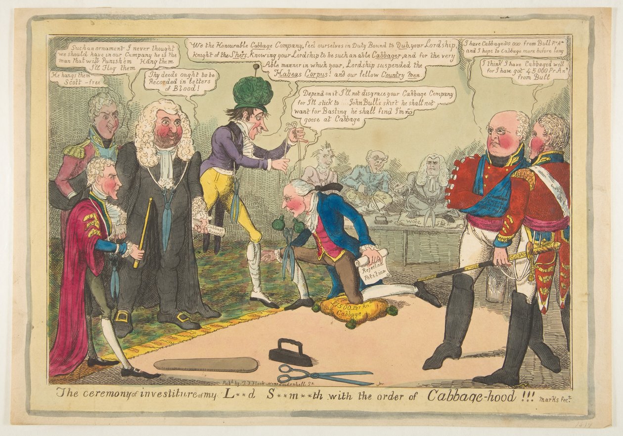 My L**d S**m**th と Cabbage-hood 勲章の授与式、ca. 1819 年 6 月。 作： JLマーク