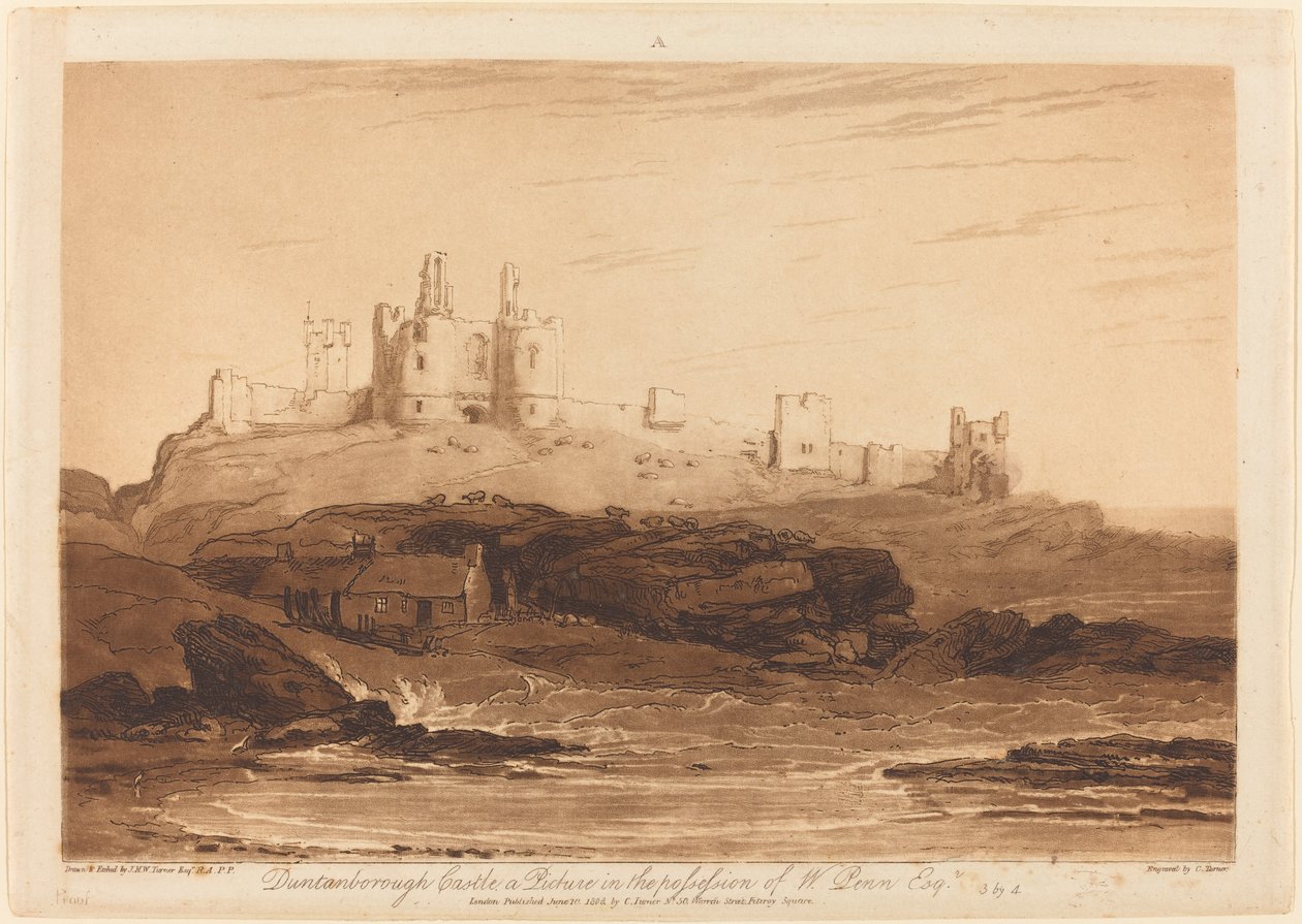 1808年に出版されたDunstanborough Castle。 作： ジョセフ・マロード・ウィリアム・ターナー