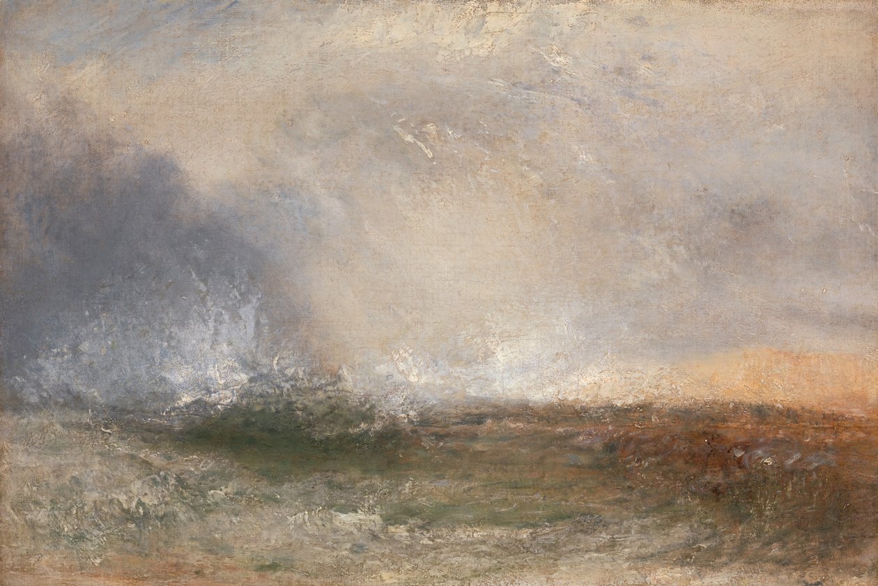 1840年から1845年の間に描かれた「岸辺で壊れる嵐の海」。 作： ジョセフ・マロード・ウィリアム・ターナー